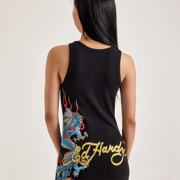 Ed Hardy Black Mini Dress with Blue Dragon Design - Picture 4 of 8